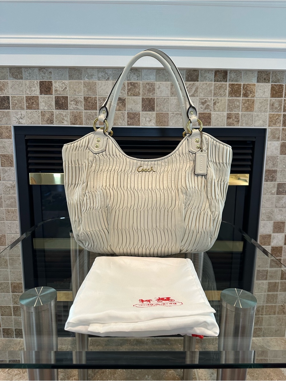 Cream Quilted Leather Tote Handbag